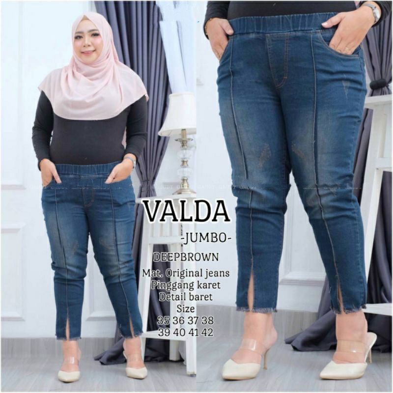 Celana 7/9 Valda Jeans Stretch Premium Super Jumbo murah // Celana Jeans 7/9 Belah Rawis Super Jumbo