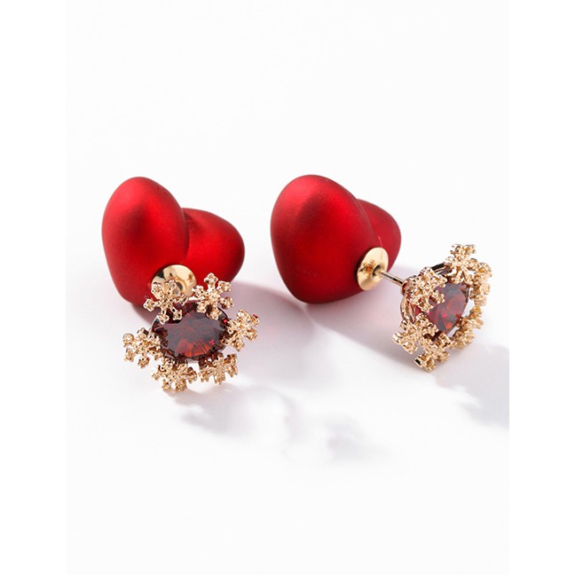 LRC Anting Tusuk Fashion Red Heart Shape Decorated Earrings F17807