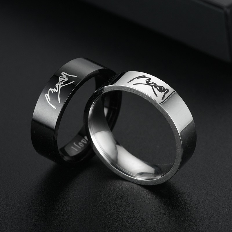 Cincin Titanium Steel Motif Ukiran Tangan I Love You Untuk Pria / Wanita