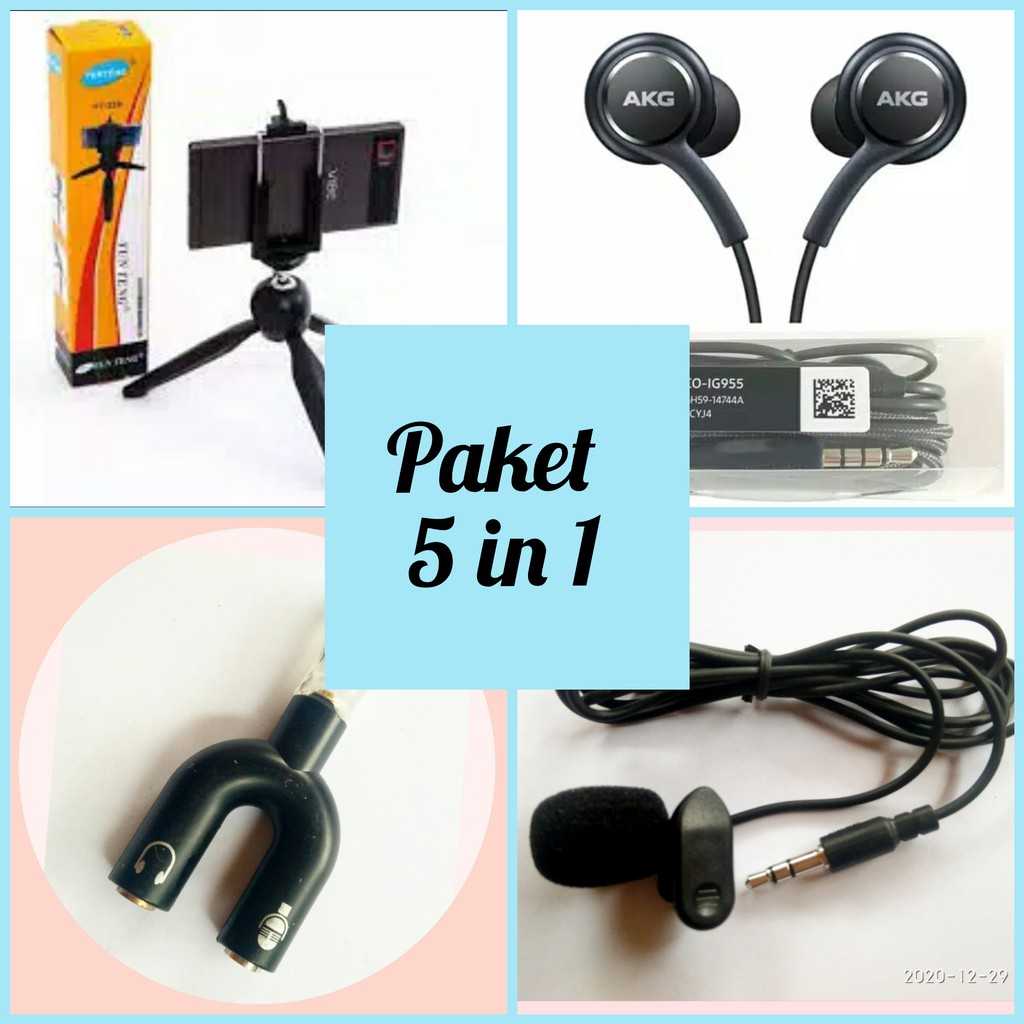 Paket Youtuber / SMULE  5in1, Mini Tripod + U Holder + Clip On Mic + U Splitter + Headset