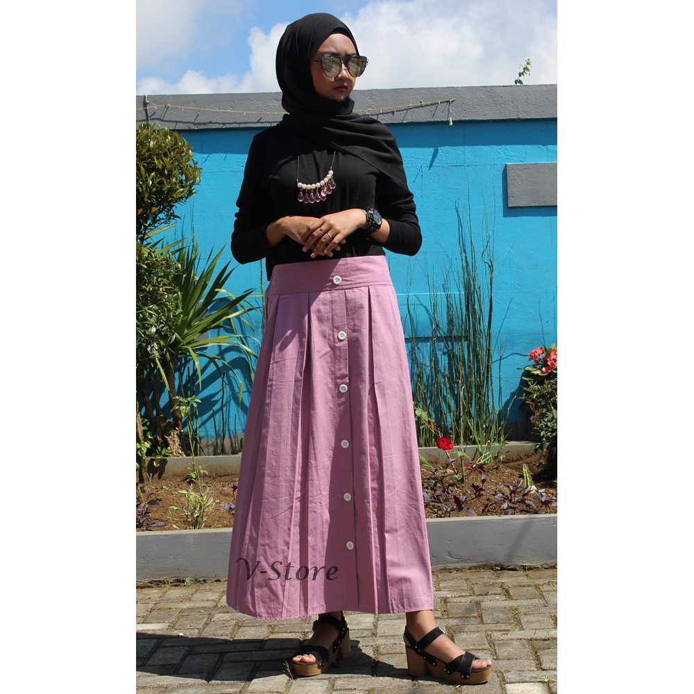 Rok Rempel Depan Rok Panjang Wanita Rok Katun / Rok Panjang Kancing Rok Modis Warna Peach