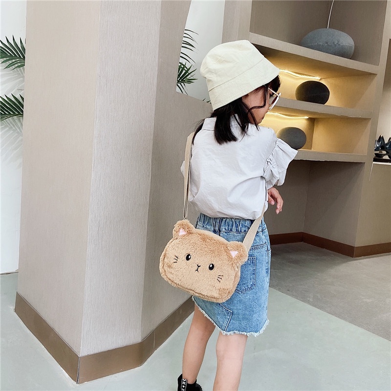 Tas Anak Model Kucing Kelinci Mini Lucu Tas Anak Perempuan Cat Rabbit Animal Cute Harajuku Style Bahan Bulu Bludru Plush Fluffy Fur Sling Bag Wanita Tas Kasual Korean Style Mewah