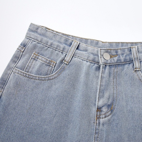Biru Rawis--Korean New Robek Highwaist Straight Loose Celana Jeans Panjang Wanita（realpict）