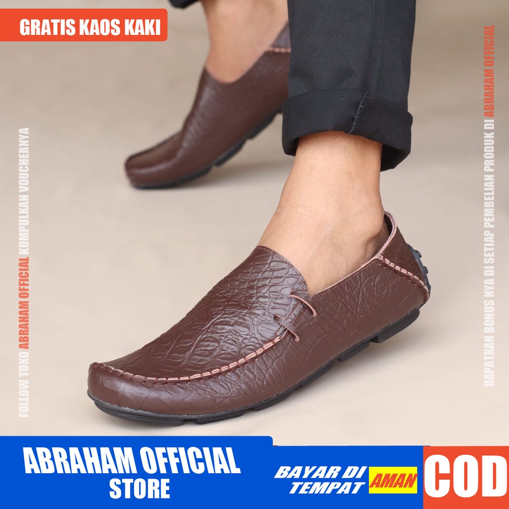 ABRHM x MOCLAY Sepatu Slip On Kasual Pria Sepatu Slop Santai Mokasin Kulit Asli Cowok Sepatu Kerja Pantofel Kantor Ori Gaya Keren Kekinian