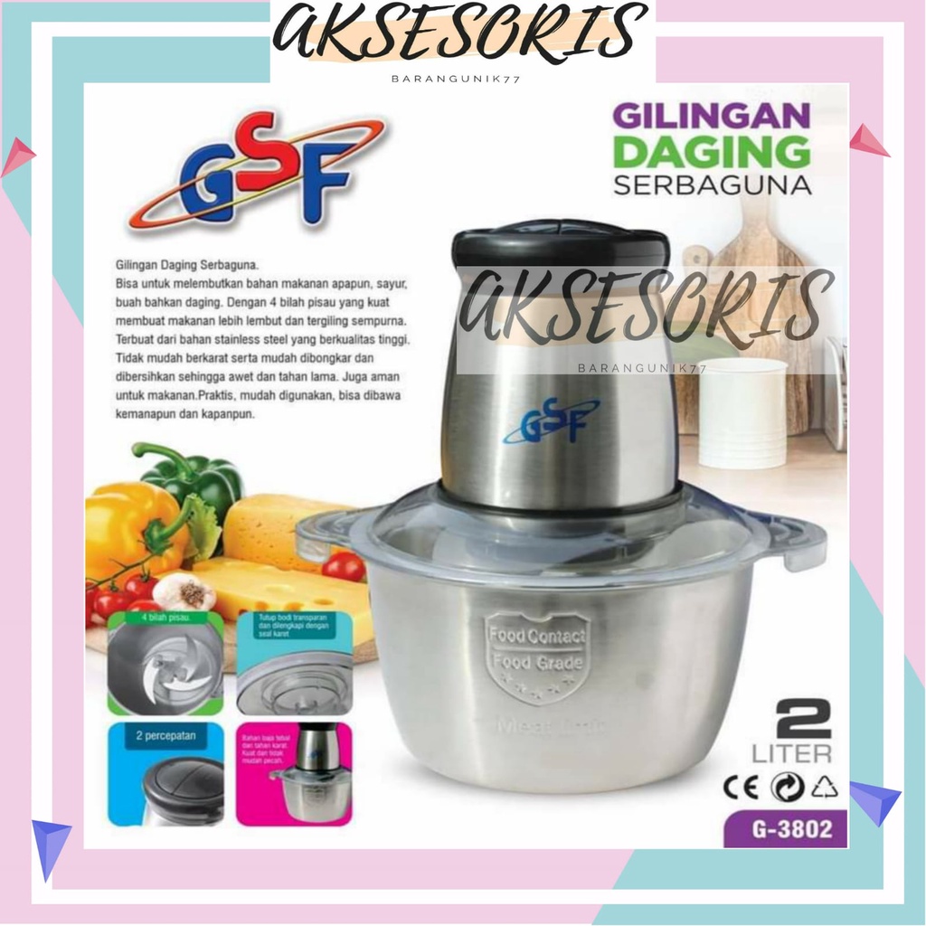 BLENDER DAGING STAINLESS GSF 3802 / BLENDER DAGING CHOPPER HAN BLENDER PRESS 2L BAJA TAHAN KARAT SERBAGUNA MULTIFUNGSI GSF G-3802