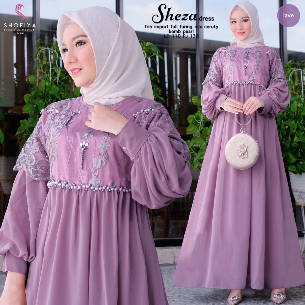 Shofiya Sheza Dress Maxi Jumbo Tile Import Full Furing Mix Ceruty Pearl Motif Polos Dress Muslim Wan