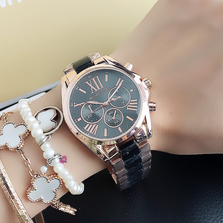 ✅COD MK Michael Kors Jam Tangan Quartz Dengan Strap Keramik Women Ceramics Watch INS Tiktok Hot-Hitam