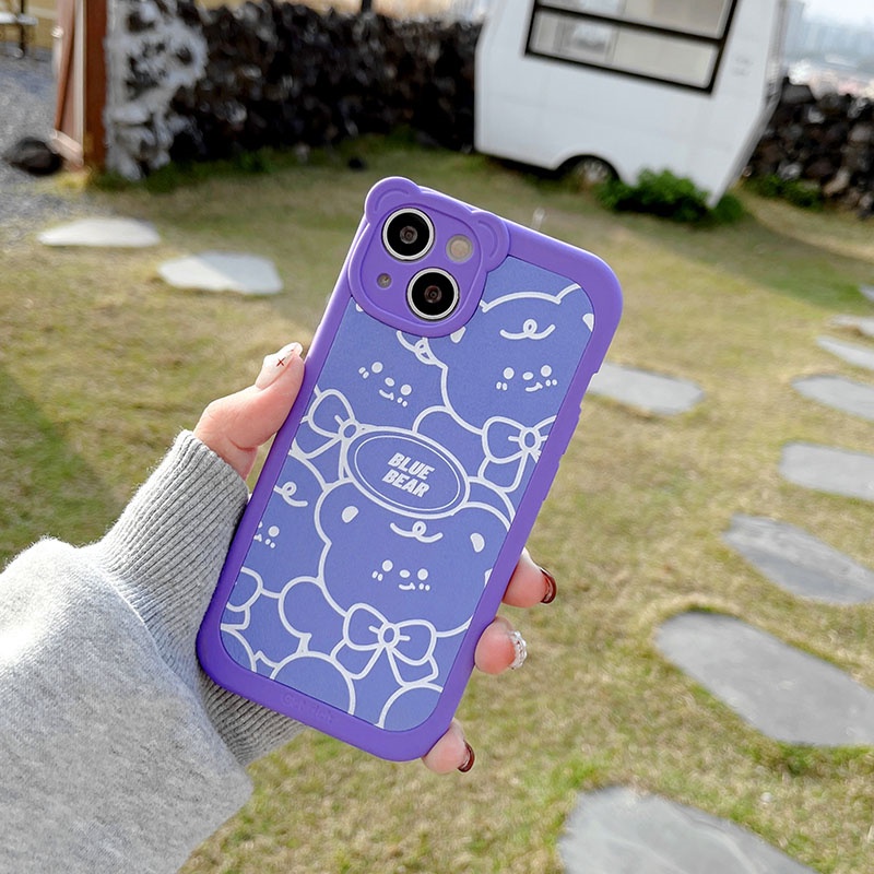 Soft case TPU Motif Kartun Beruang Warna Biru Ungu Untuk iPhone 11 12 13 Pro Max XS Max X XR 7 8 Plus