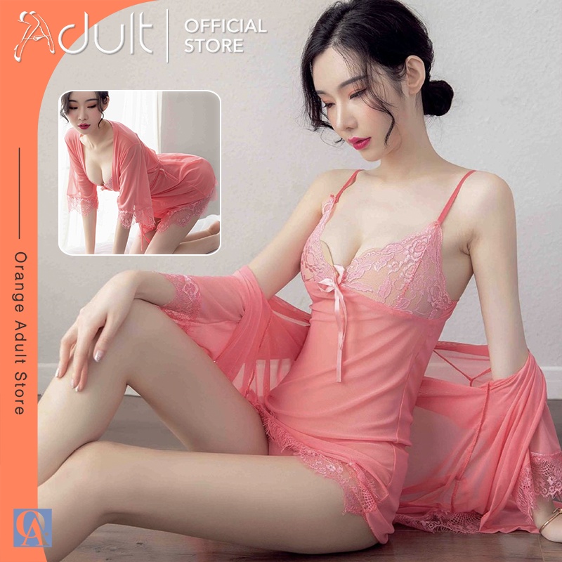 ORANGE ADULT Lingerie Seksi Baju Tidur Lace Seksi Lingerie Sexy Gaun Malam Seksi Lapisan Luar + Dalam - Pink1281