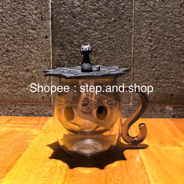 Starbucks Mug Double Wall Glass Cat Face With Black Lid - Halloween Edition