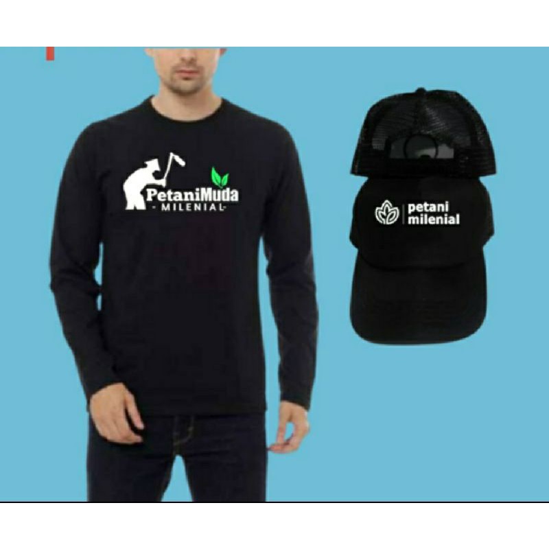 KAOS LENGAN PANJANG PETANI MILENIAL DAUN HIJAU BONUS TOPI