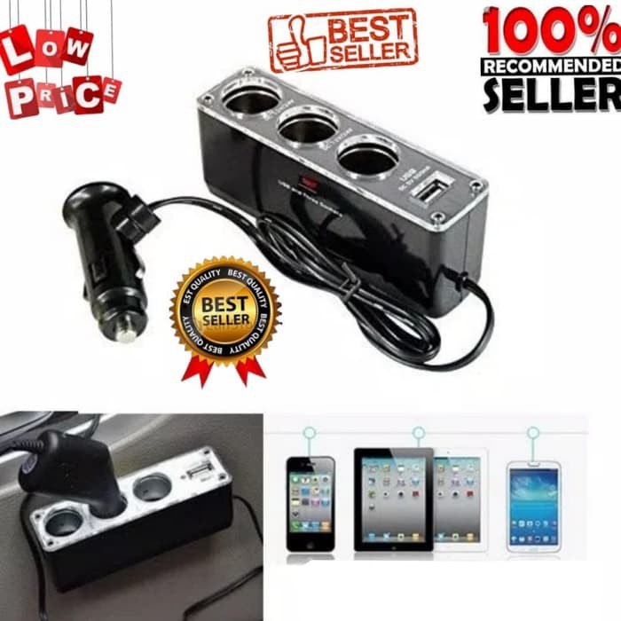 Charger Mobil 3 Socket Lighter + colokan USB