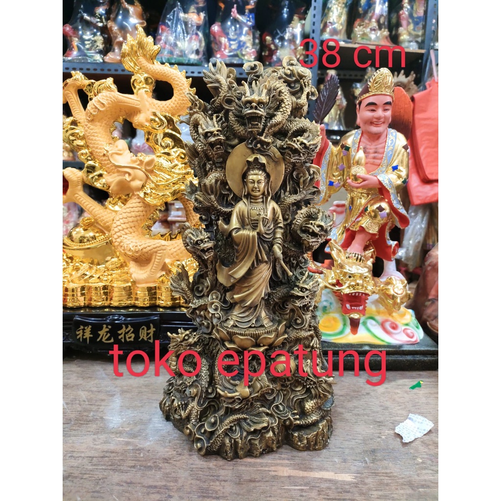patung dewi kwan im / kwan in / guan yin - 9 naga - kuningan - 16 inch