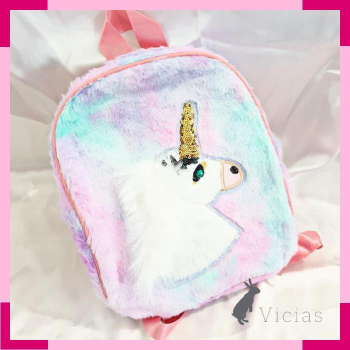 TAS01 Tas Ransel Sekolah Backpack Anak Perempuan UNICORN Bulu Rainbow