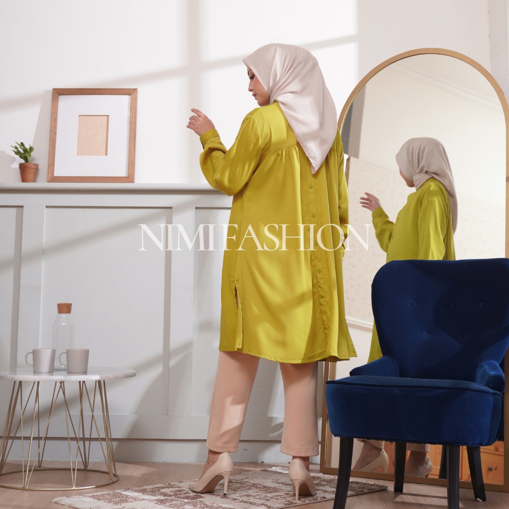 NIMI Atasan Tunik Zafira Long Tunik Kemeja Polos Wanita Depan Belakang Kancing Lady Zara Busui Friendly