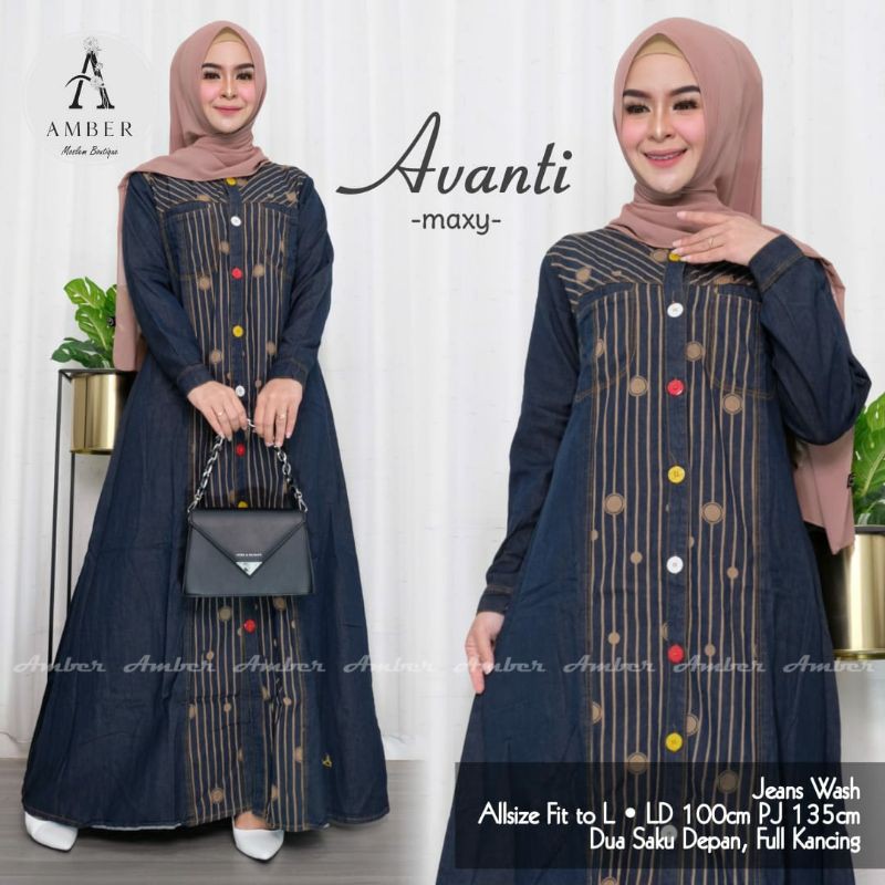 avanti gamis wanita dewasa jeans wash motif garis-garis polkadot terbaru