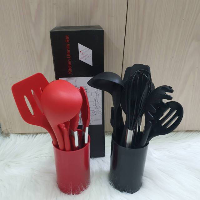 Set spatula isi 10 red sutil kuas whisk sodet tongs capit centong tahan panas food grade with gelas