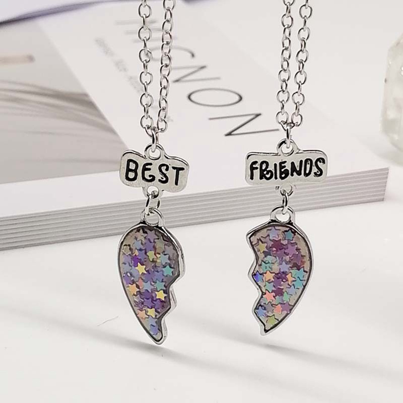 Unisex 2 Pcs BFF Necklace Womens Heart Pendant Best Friend Letter Necklace Fashion Couple Chain Necklace Men Friendship Jewelry