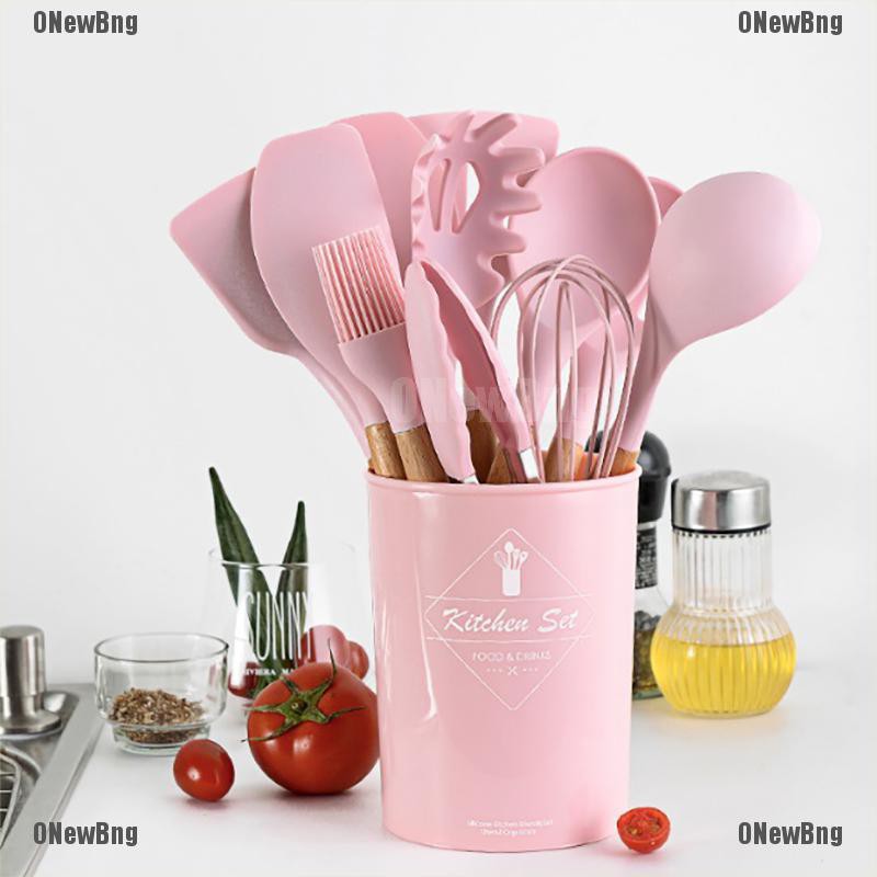 Onewbng Set Peralatan Masak Bahan Silikon Kayu Warna Pink Onewbng Set Peralatan Masak Bahan Silikon Kayu Warna Pink