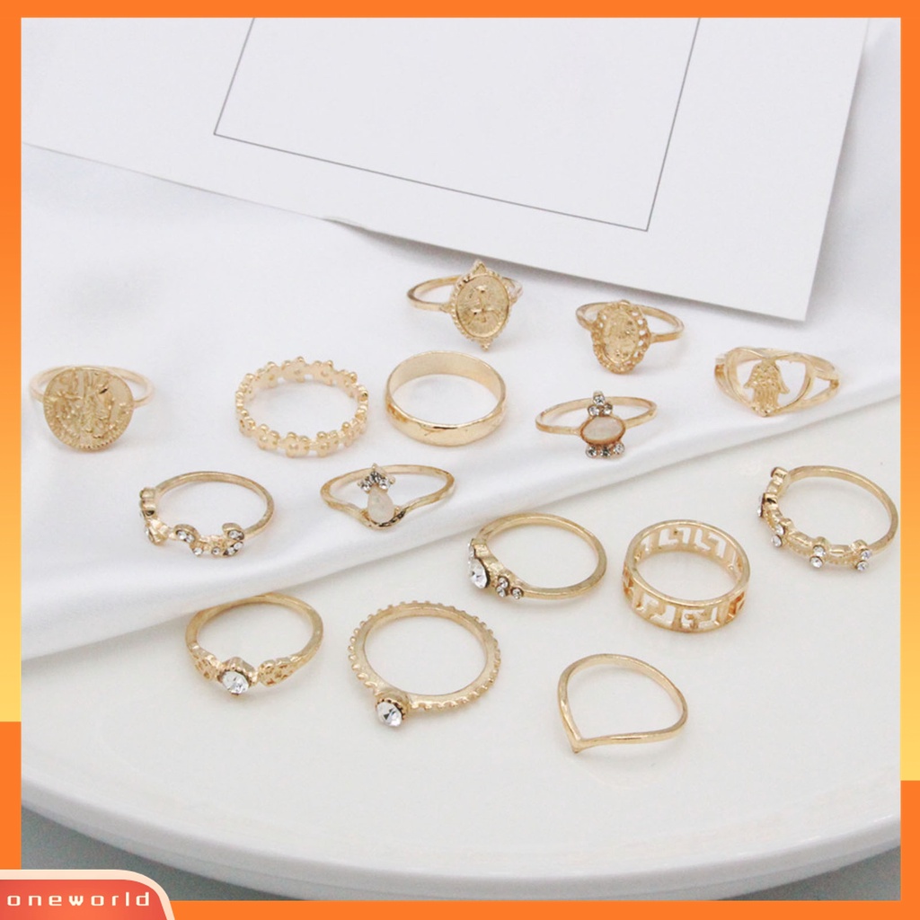 15 Pcs / Set Cincin Jari Bahan Alloy Aksen Kristal Imitasi Bentuk Hati Artistik Untuk Pemakaian Sehari-Hari