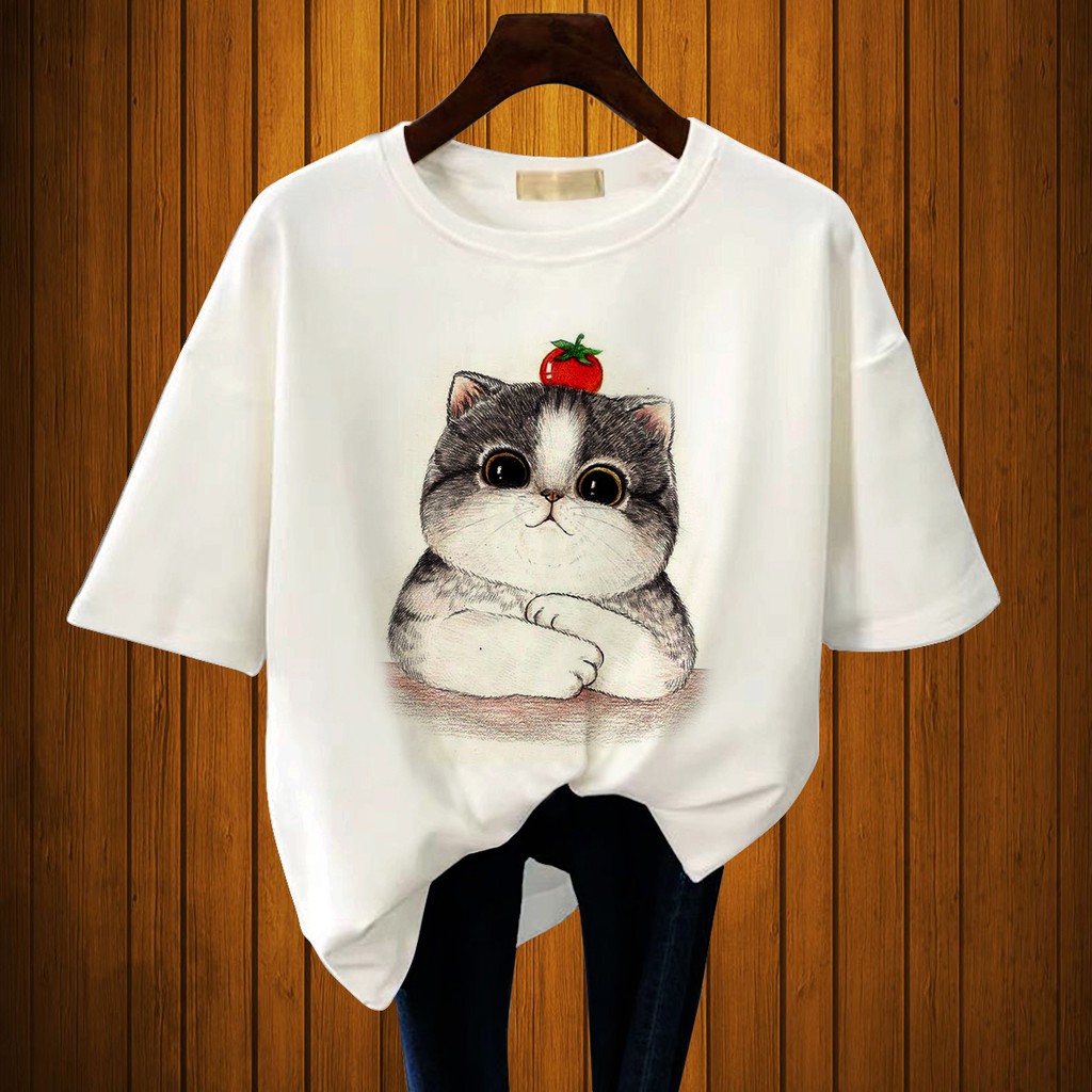 CALVIERO SHOP - BAJU KAOS WANITA DEWASA PRINT CHUBBY CATS CASUAL