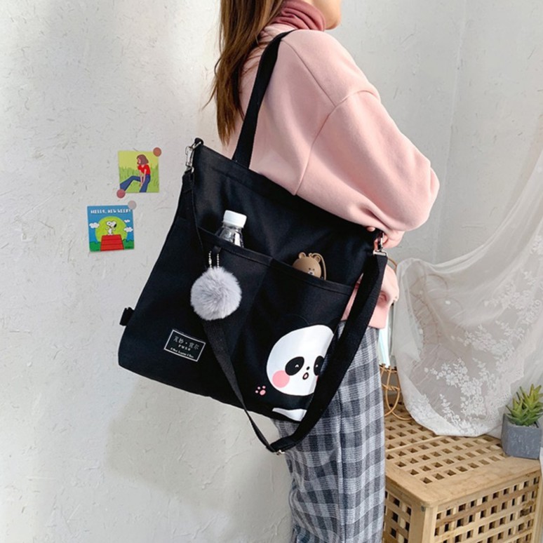 [littlecrab] Tote Bag Panda Imut Lucu Unisex Tas Totebag Resleting Multifungsi Berkualitas Tas Tote Kuliah Sekolah Motif Panda Pom-Pom Lucu Korean Style