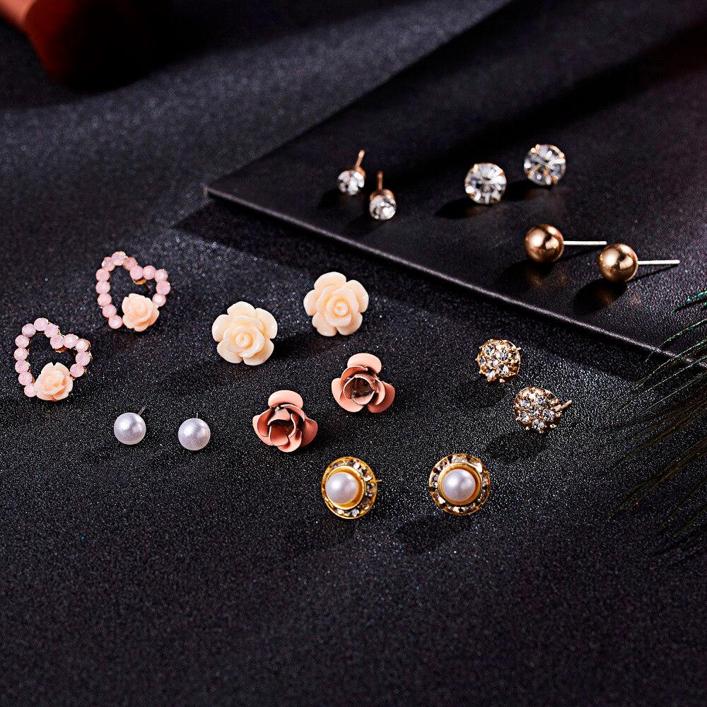 9 Pcs Anting Stud Desain Bunga Aksen Mutiara Berlian Imitasi Untuk Wanita