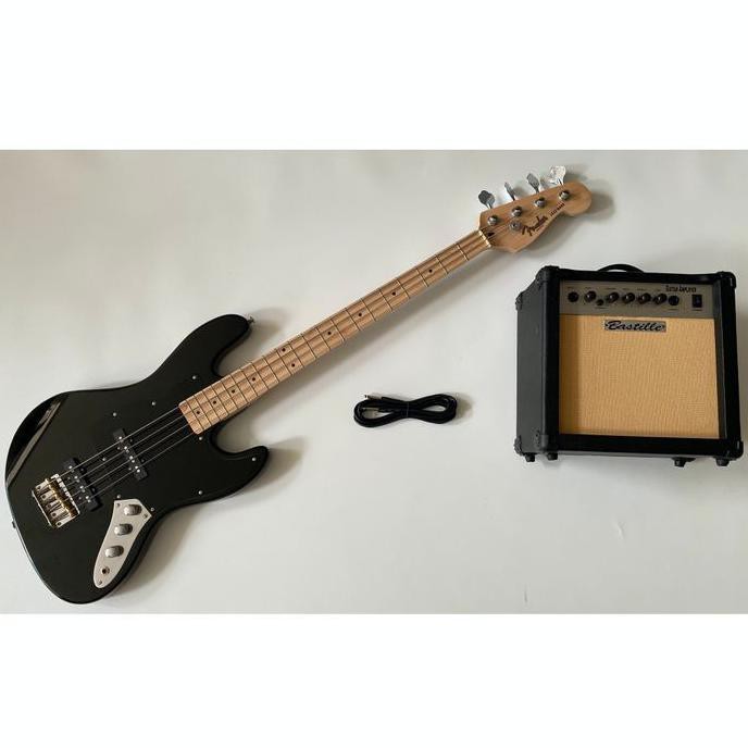Gitar Bass Fender Jazz Bass Hitam Paketan Ampli Bastille + Kabel Jack