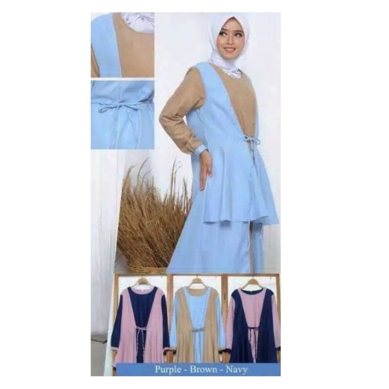 baju gamis katun dan moscrepe kombinasi warna lengan panjang variasi rempelan tali pinggang seleting