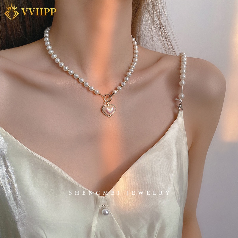 Kalung Choker Rantai Emas Hias Liontin Hati Kristal Mutiara Untuk Wanita