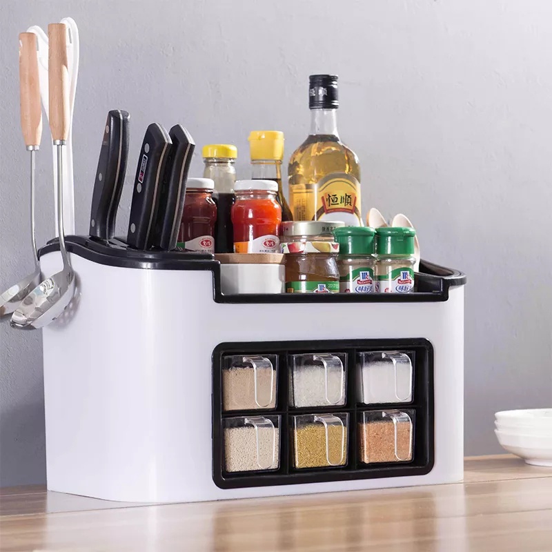 Rak Bumbu Dapur Plastik Rak Bumbu Masak (Termasuk 6 Tempat Bumbu) Tempat Penyimpanan Bumbu Masak