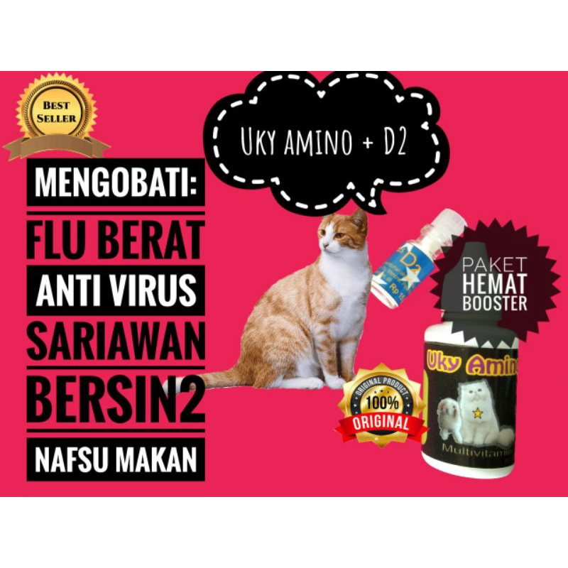 Paket hemat vitamin kucing uky amino + obat D2 | vitamin anti virus calici, distemper, panleu, flu