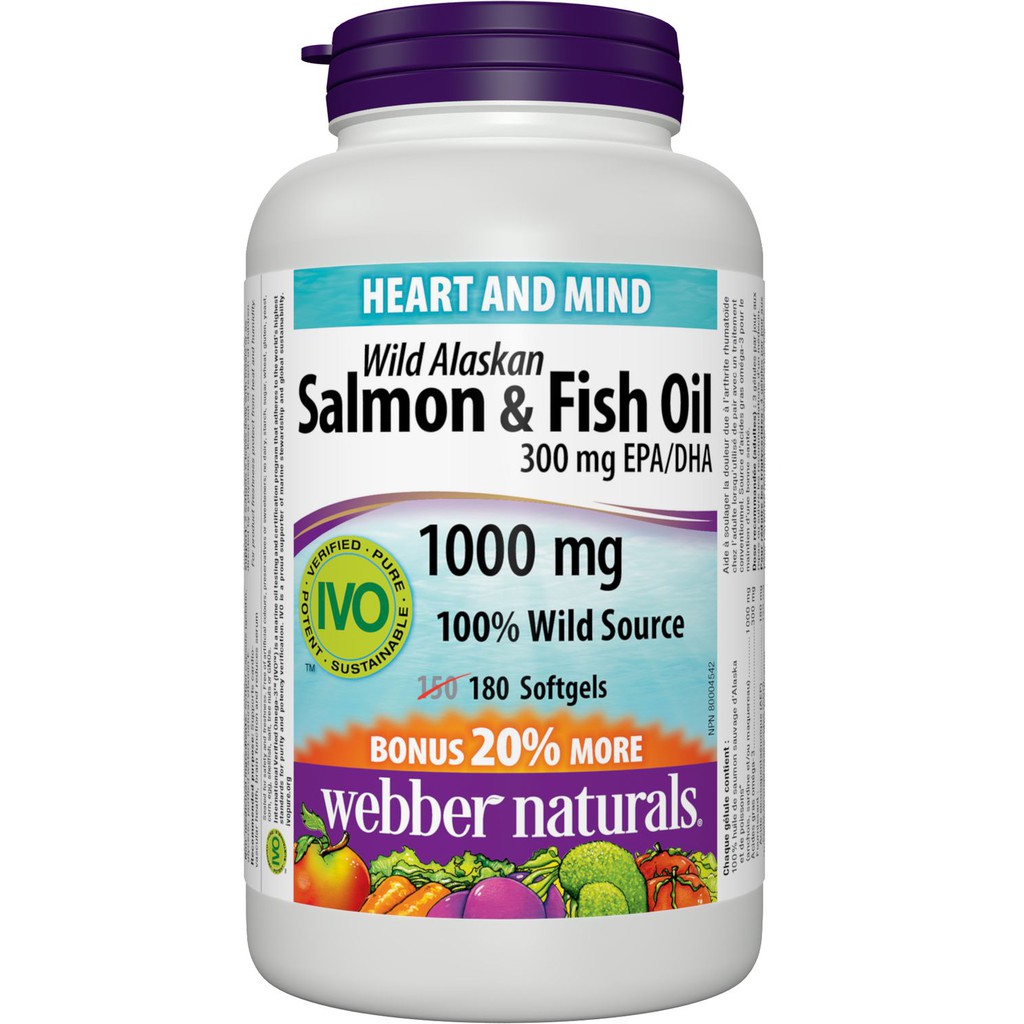 Webber Naturals Wild Alaskan Salmon & Fish Oil,1000 mg Vitamin, 150 +Bonus30Softgels(300mg EPA/DHA)