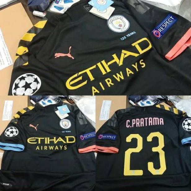 Jersey Bola Club Manchester City away 2019/2020 Grade Ori plus Nameset n Patch UCL