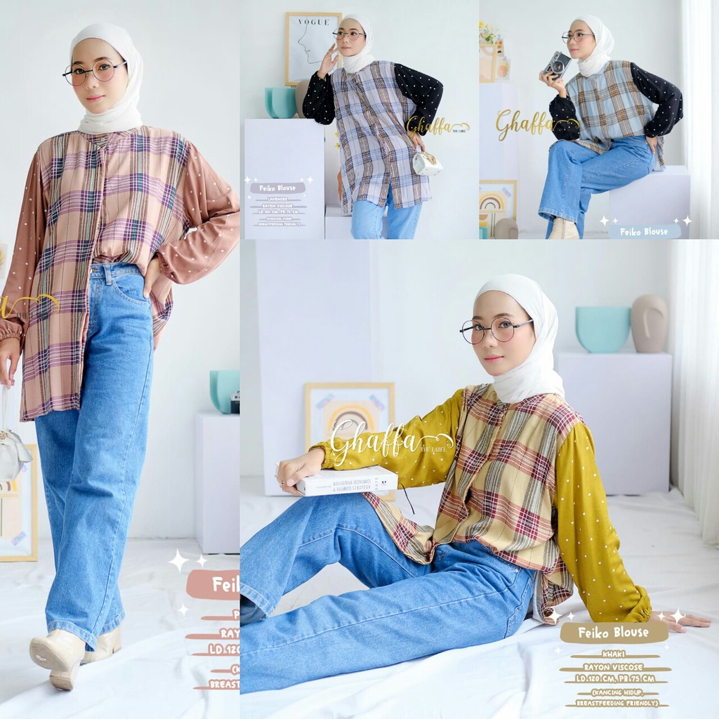 Atasan Kemeja Blouse Muslim Tunic Tunik Ghaffa Feiko Motif Bunga Polkadot best seller Korea Wanita K