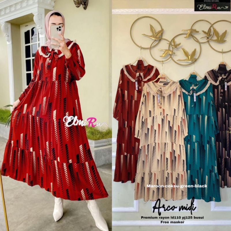 Tunik Dress Midi Arco, Kinda, Hima, Dory matt Katun Rayon, Poplin, LD 110-114 Busui Friendly by ELMI