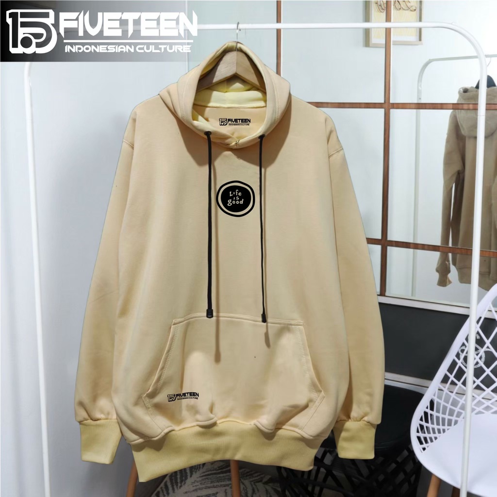 jaket distro original brand 15fifteen15 warna crem kardus list sablon life is good hoodie cowok