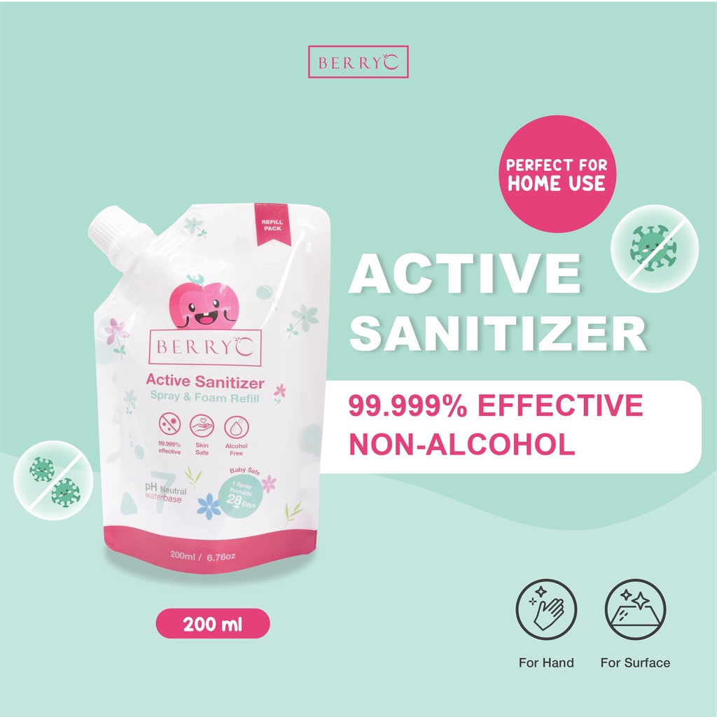 BerryC Active Sanitizer Refill Pouch 200ml Natural Food Grade Hand Antiseptik Non Alcohol Alkohol Aman untuk Bayi QAC Alat Makan Disinfectant Organik Sensitif Kulit Sensitive Eczema Foam Spray Cairan Isi Ulang Murah Halal Impor Malaysia HFMD COVID19 Harum