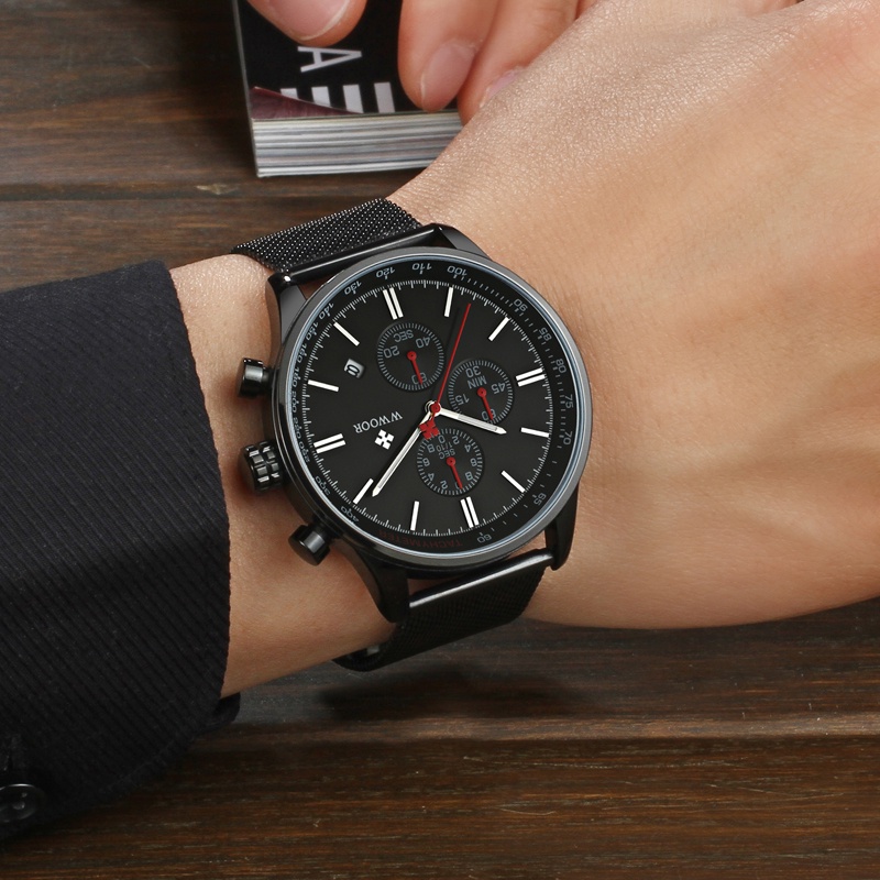 Jam tangan pria wwoor 8862 black Kronograp Krono aktif