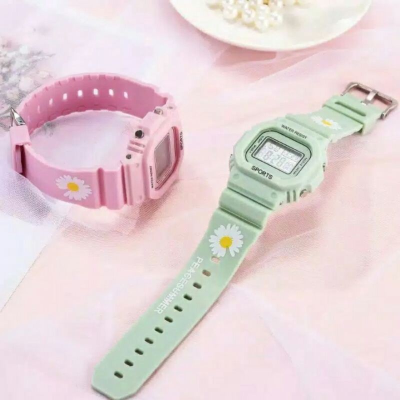 JAM TANGAN WANITA RUBBER DIGITAL SEGI DW 5600 BUNGA KARET GROSIR MURAH