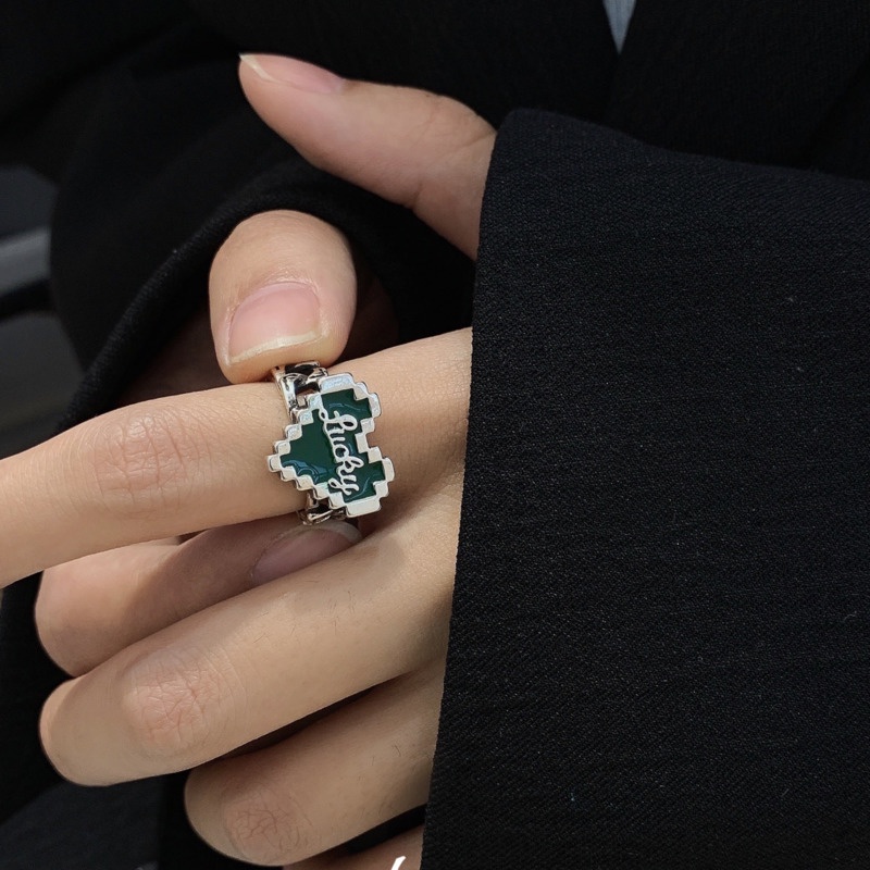 Cincin Model Terbuka Desain Hati Mosaik Warna Hijau Gaya Retro