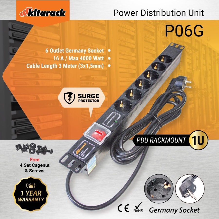 KITARACK P06G Power Distribution Unit 1U 6 Outlet Germany Socket 16A