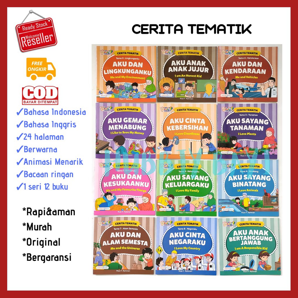 PROMO PAKET buku belajar edukasi cerita komik tematik anak bayi TK PAUD berwarna bergambar bilingual