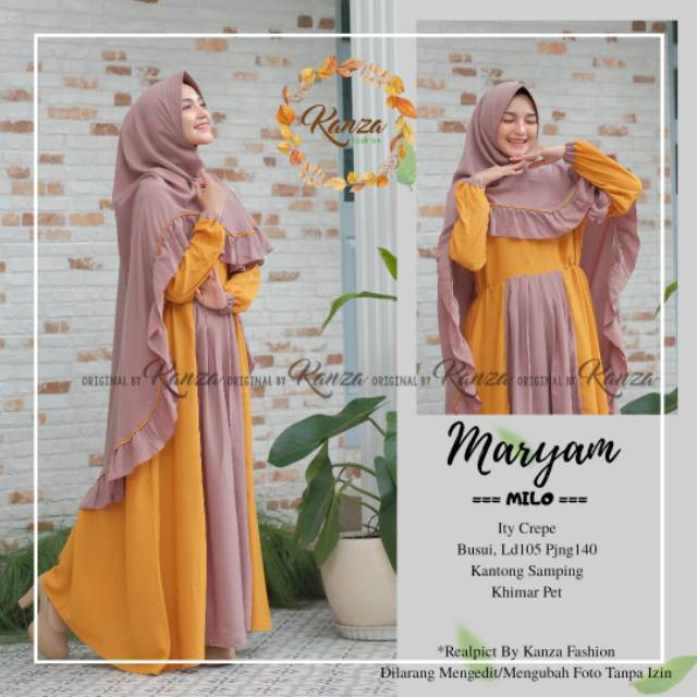 Maryam Ori By Kanza Kanza Gamis + Khimar Polos Syari Longdress Maxi Material Ity Crepe Premium