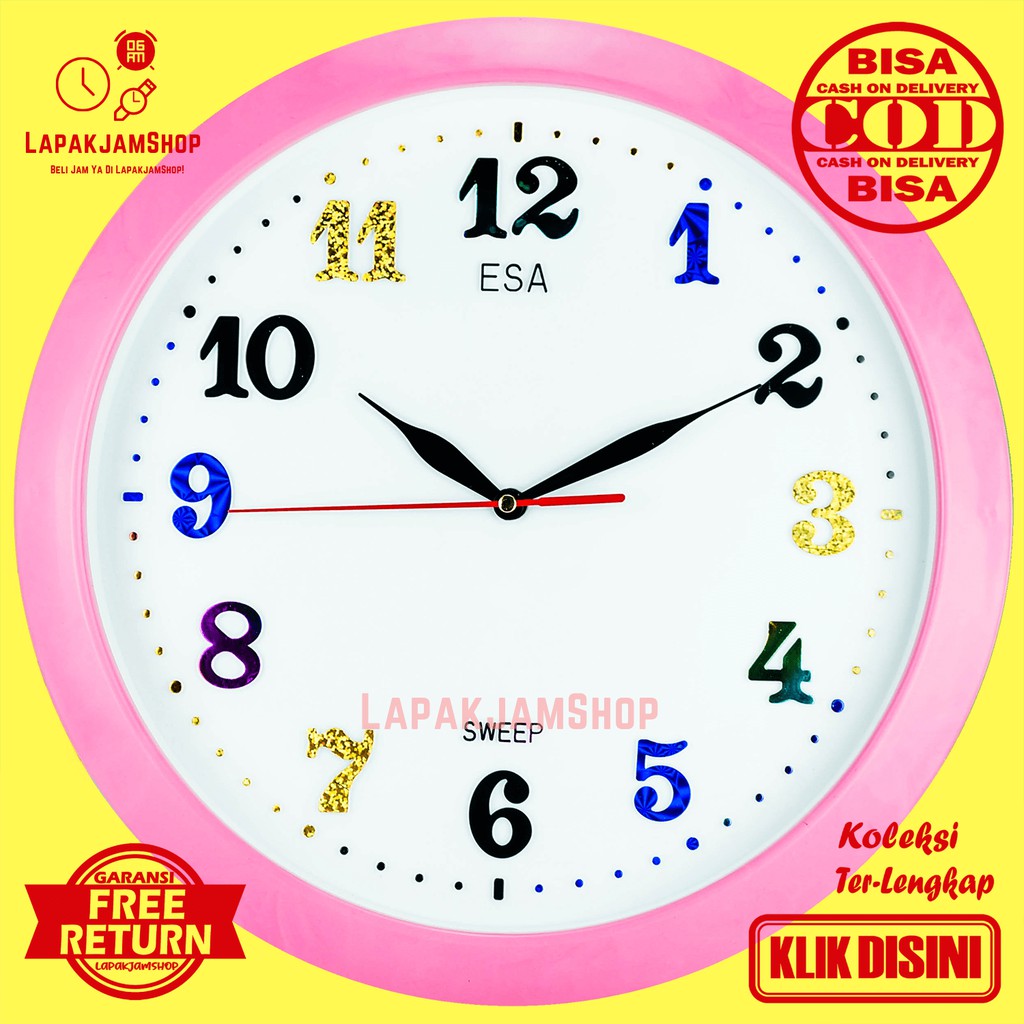 Jam Dinding Quartz Minimalis Unik Esa 331 Angka Warna Warni Hijau Kuning Biru Hiasan DindingOriginal