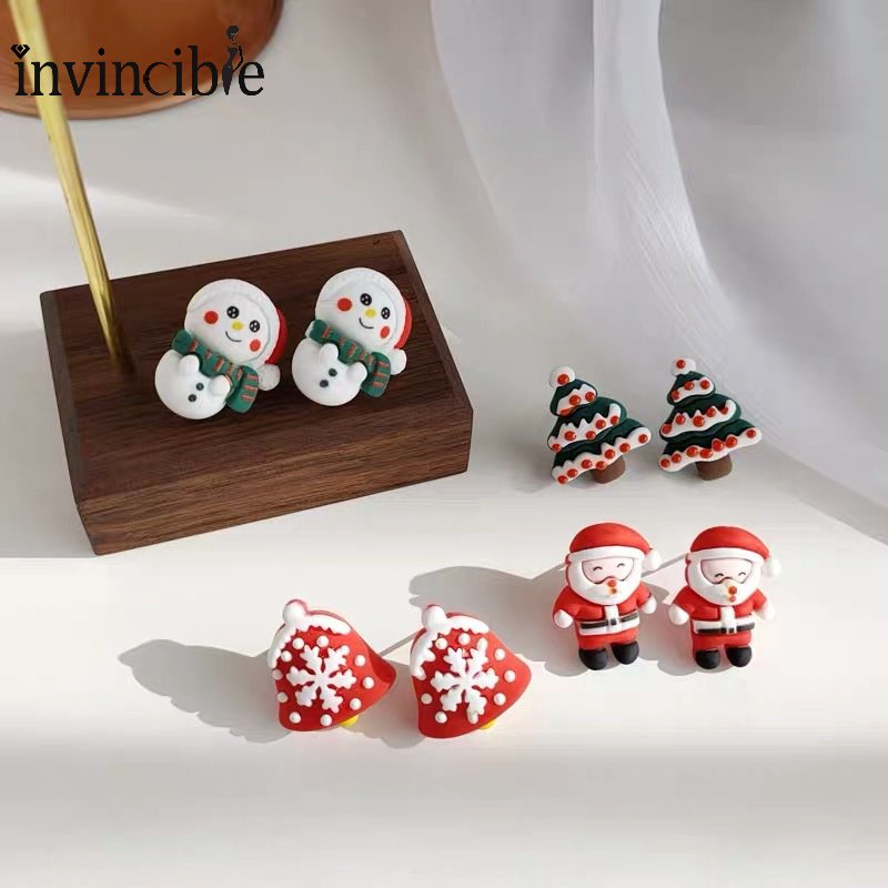 Anting Stud Desain Pohon Natal Santa Claus Snowman Rusa Bahan Resin Untuk Wanita