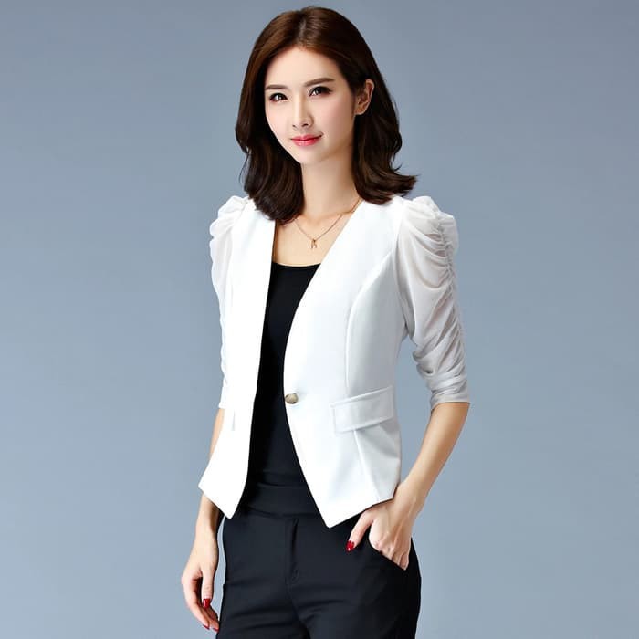 T91 New Blazer Wanita Tangan 7/8 Variasi renda - Emelia Blazer kerja formal Gaya Korea Hitam Putih