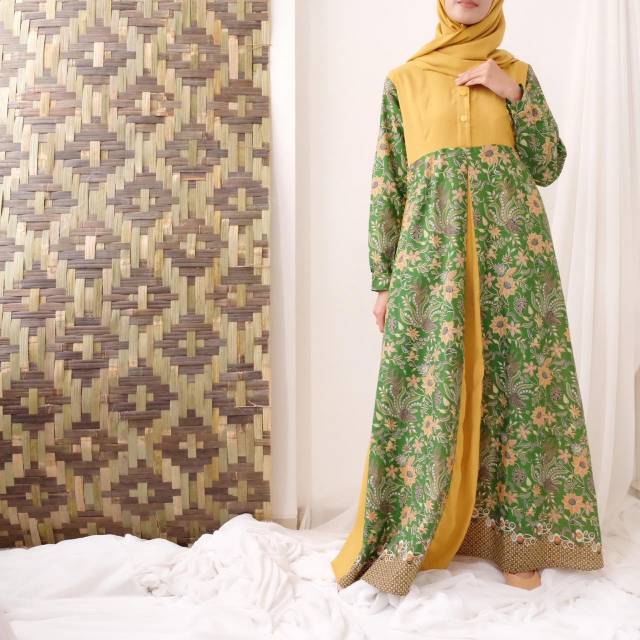 GAMIS BATIK KOMBINASI POLOS PREMIUM WOLYCREPE - DRESS BATIK KONDANGAN KEKINIAN