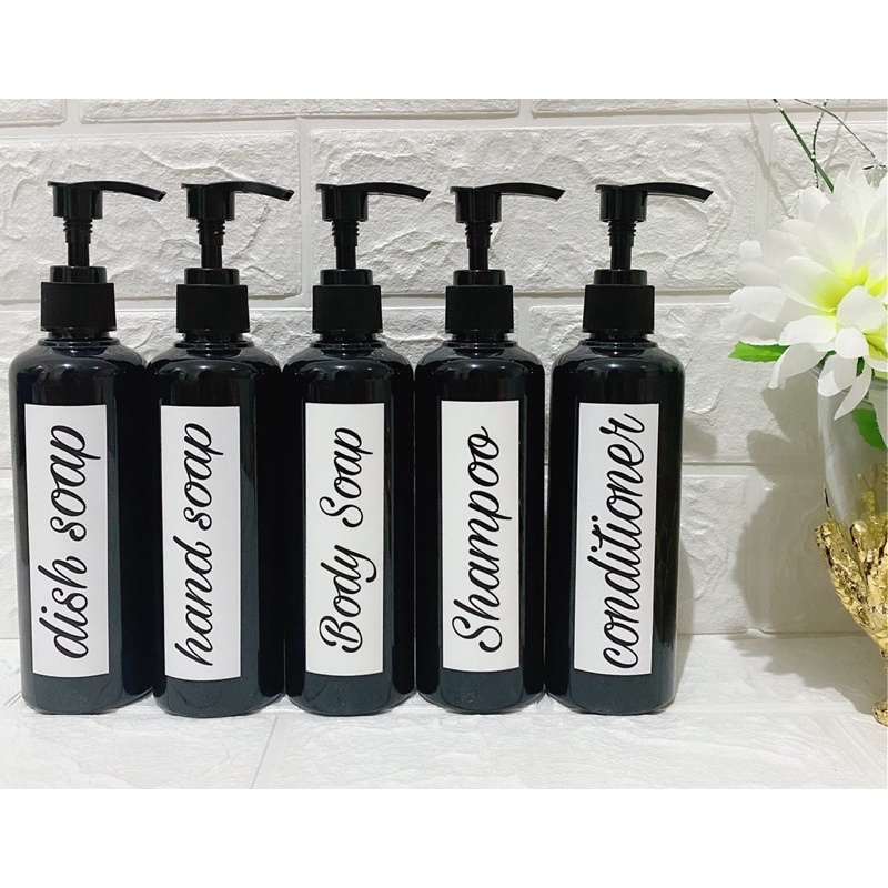 botol 250ml hitam stiker putih. aesthetic bottle minimalist refill organizer tempat sabun cair pump estetik