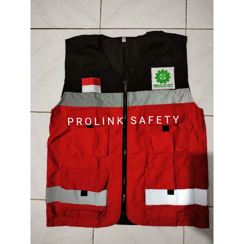 ROMPI SAFETY BAHAN DRILL MERAH HITAM PAKAI FURING BERLOGO K3 BENDERA SCOTLIGT 5CM